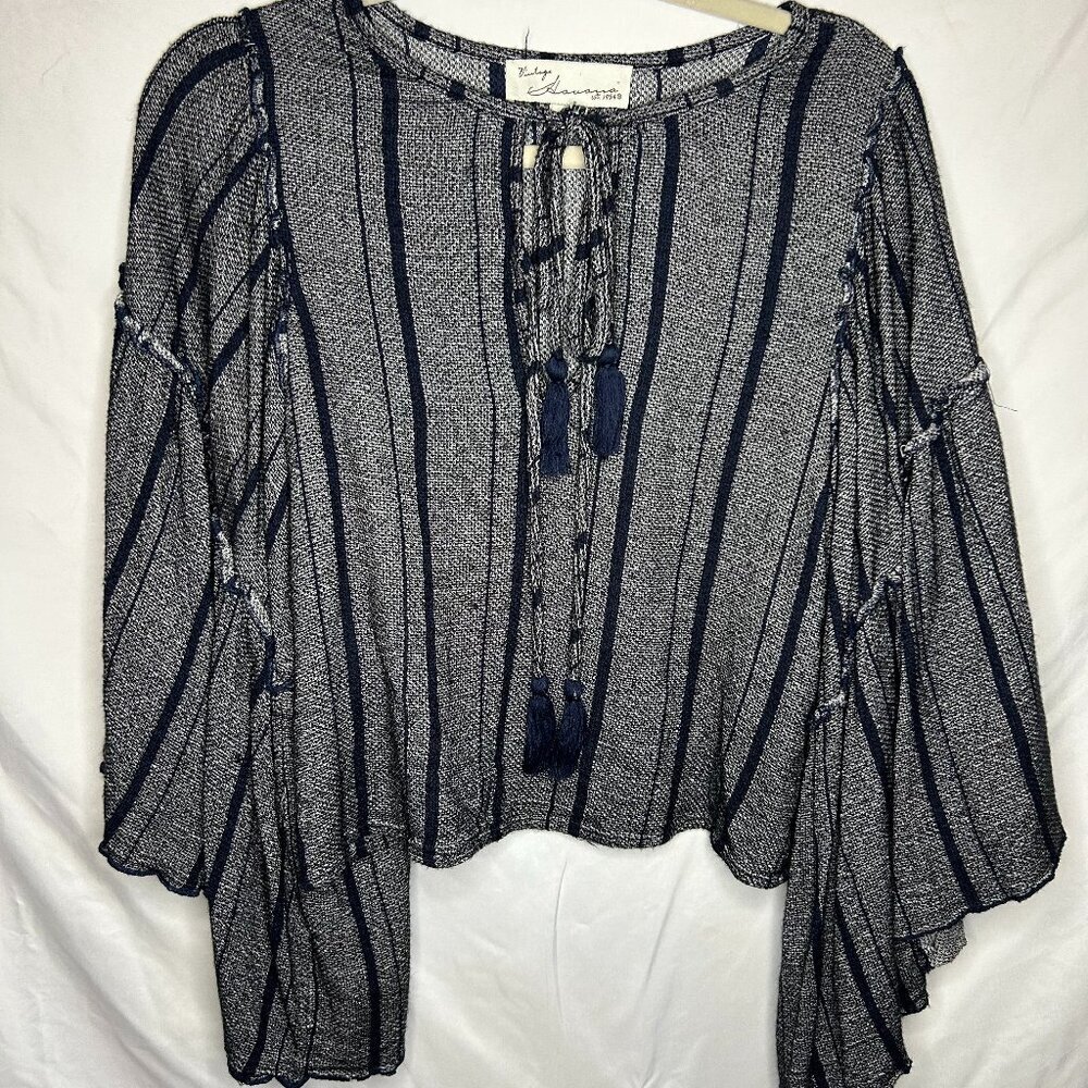 Vintage Havana Navy & Cream Boho Tassel Blouse | Size M - Picture 1 of 6